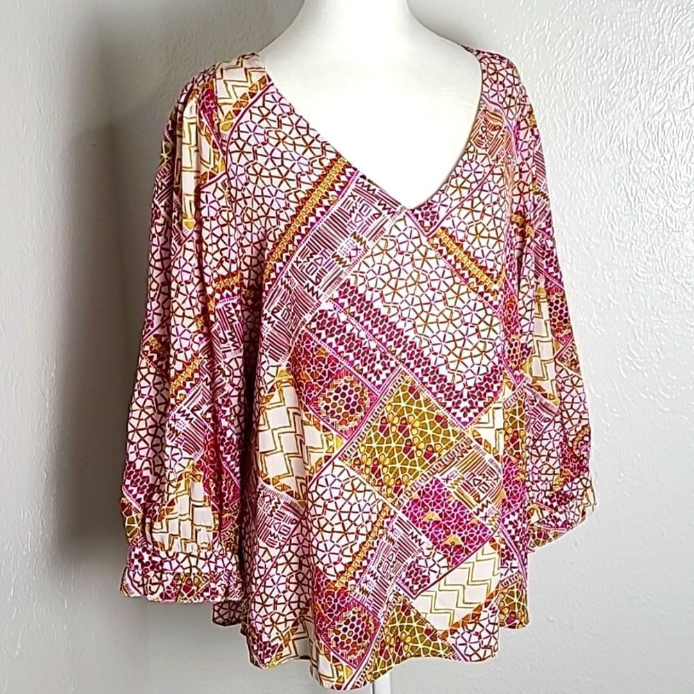 Zac & Rachel Colorful Print Top, Wide Balloon Sleeves, Pink,White,Gold, Size XL